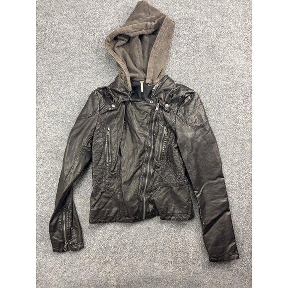 Free People Jackets & Blazers - Free People Moto Jacket Women's 6 Black Leather Zip Up Vegan Hooded Cropped